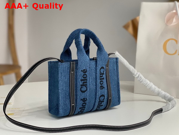 Chloe Mini Woody Tote Bag in Deadstock Denim and Shiny Calfskin with Chloe Logo Embroidery Replica