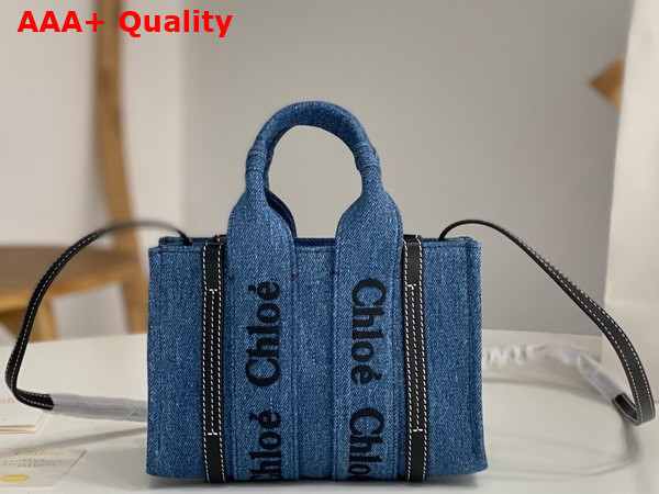 Chloe Mini Woody Tote Bag in Deadstock Denim and Shiny Calfskin with Chloe Logo Embroidery Replica