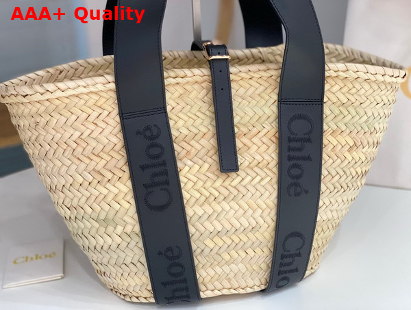 Chloe Sense Medium Basket Handbraided Raffia Smooth Calfskin and Chloe Logo Embroidery Black Replica