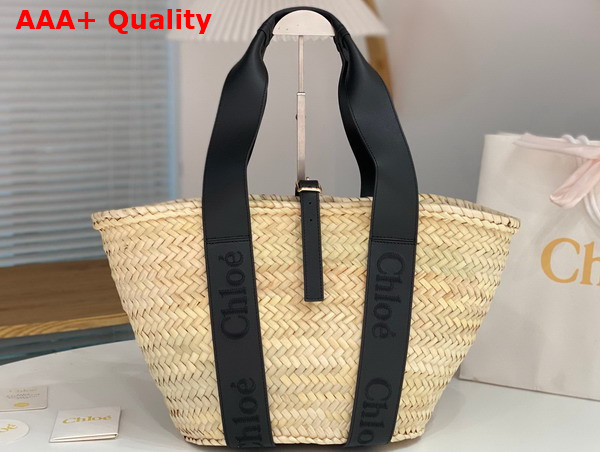 Chloe Sense Medium Basket Handbraided Raffia Smooth Calfskin and Chloe Logo Embroidery Black Replica