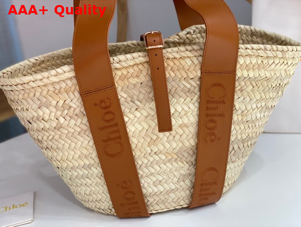 Chloe Sense Medium Basket Handbraided Raffia Smooth Calfskin and Chloe Logo Embroidery Caramel Replica