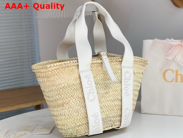 Chloe Sense Medium Basket Handbraided Raffia Smooth Calfskin and Chloe Logo Embroidery Crystal White Replica