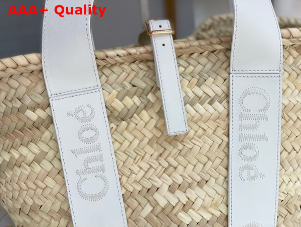 Chloe Sense Medium Basket Handbraided Raffia Smooth Calfskin and Chloe Logo Embroidery Crystal White Replica