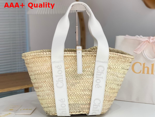 Chloe Sense Medium Basket Handbraided Raffia Smooth Calfskin and Chloe Logo Embroidery Crystal White Replica