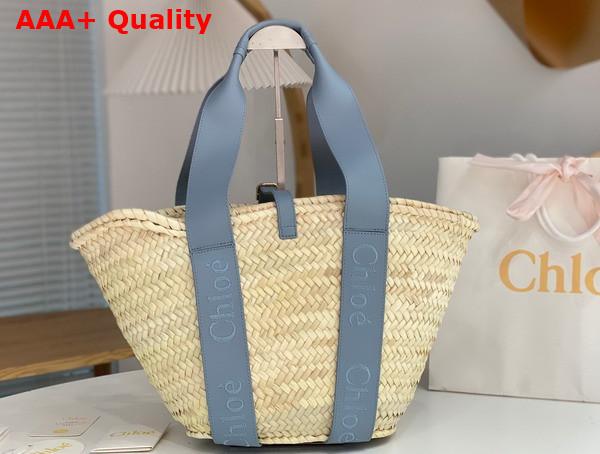 Chloe Sense Medium Basket Handbraided Raffia Smooth Calfskin and Chloe Logo Embroidery Storm Blue Replica