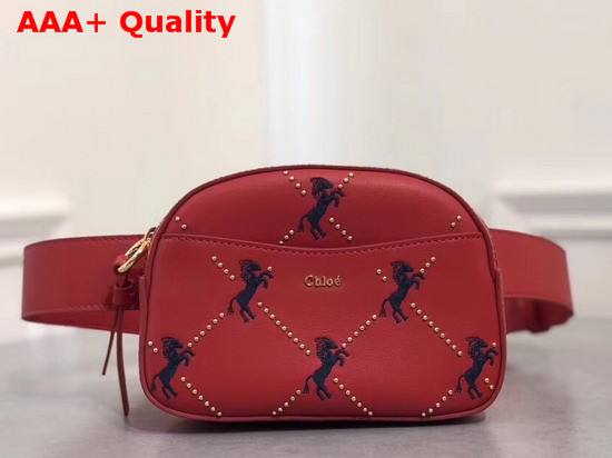 Chloe Signature Belt Bag in Earthy Red Smooth Calfskin with Embroidered Horses and Studs Replica