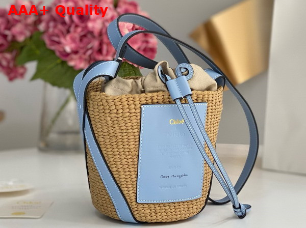 Chloe Small Woody Basket in Natural Fibers and Sky Blue Leather Replica