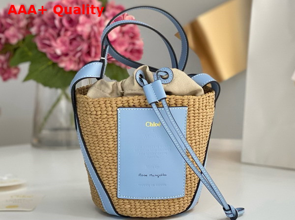 Chloe Small Woody Basket in Natural Fibers and Sky Blue Leather Replica