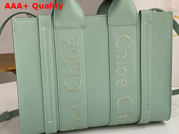 Chloe Small Woody Tote Bag in Bay Green Smooth Calfskin with Chloe Logo Replica