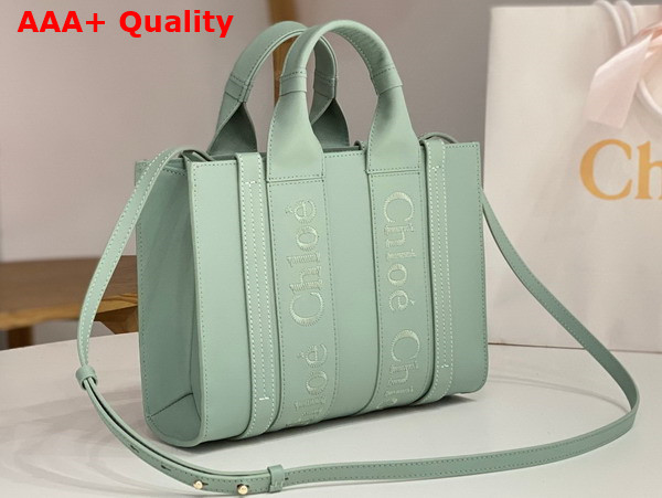 Chloe Small Woody Tote Bag in Bay Green Smooth Calfskin with Chloe Logo Replica