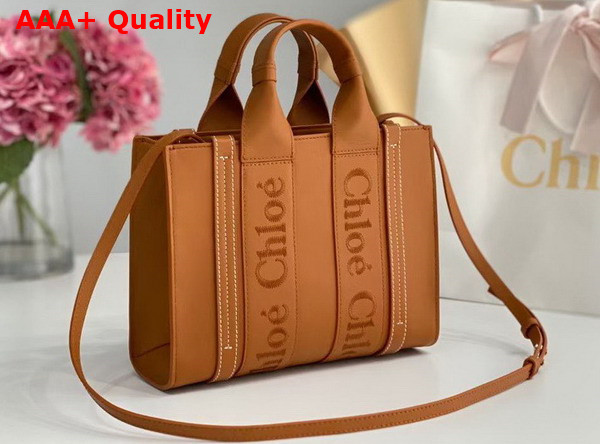 Chloe Small Woody Tote Bag in Caramel Smooth Calfskin with Chloe Logo Replica