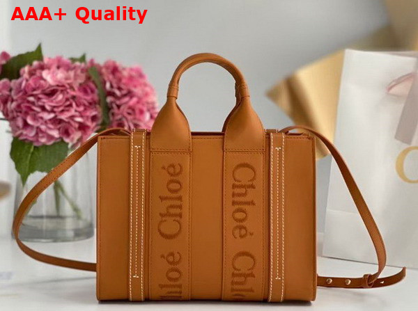 Chloe Small Woody Tote Bag in Caramel Smooth Calfskin with Chloe Logo Replica