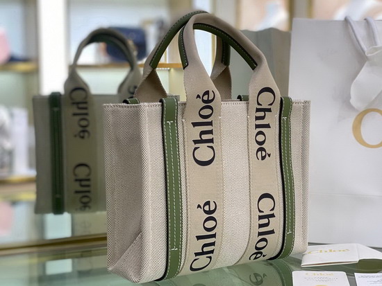 Chloe Small Woody Tote Bag in Cotton Canvas and Shiny Calfskin with Woody Ribbon Jade Green Replica