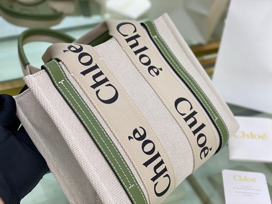 Chloe Small Woody Tote Bag in Cotton Canvas and Shiny Calfskin with Woody Ribbon Jade Green Replica