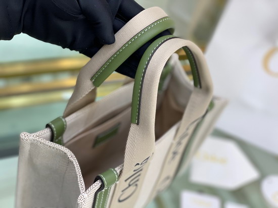 Chloe Small Woody Tote Bag in Cotton Canvas and Shiny Calfskin with Woody Ribbon Jade Green Replica