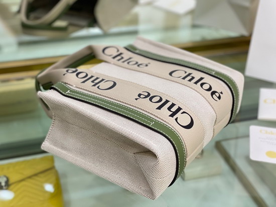 Chloe Small Woody Tote Bag in Cotton Canvas and Shiny Calfskin with Woody Ribbon Jade Green Replica