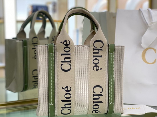 Chloe Small Woody Tote Bag in Cotton Canvas and Shiny Calfskin with Woody Ribbon Jade Green Replica