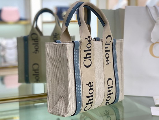 Chloe Small Woody Tote Bag in Cotton Canvas and Shiny Calfskin with Woody Ribbon Light Blue Replica