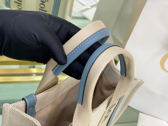 Chloe Small Woody Tote Bag in Cotton Canvas and Shiny Calfskin with Woody Ribbon Light Blue Replica