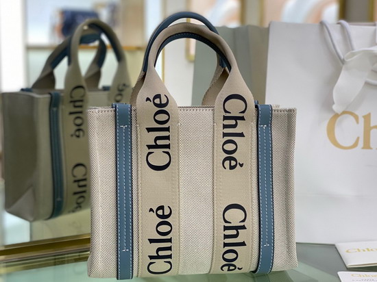 Chloe Small Woody Tote Bag in Cotton Canvas and Shiny Calfskin with Woody Ribbon Light Blue Replica