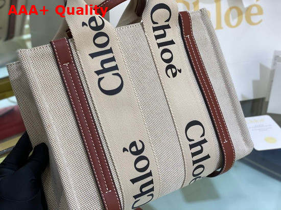 Chloe Small Woody Tote Bag in Cotton Canvas and Shiny Calfskin with Woody Ribbon White and Brown Replica