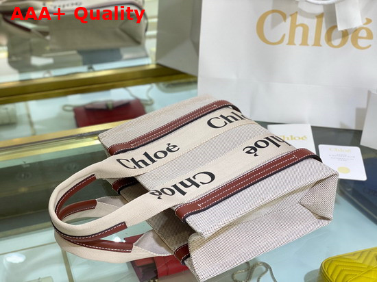 Chloe Small Woody Tote Bag in Cotton Canvas and Shiny Calfskin with Woody Ribbon White and Brown Replica