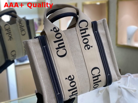 Chloe Small Woody Tote Bag in Cotton Canvas and Shiny Calfskin with Woody Ribbon White and Full Blue Replica