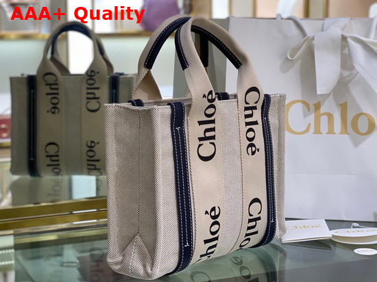 Chloe Small Woody Tote Bag in Cotton Canvas and Shiny Calfskin with Woody Ribbon White and Full Blue Replica