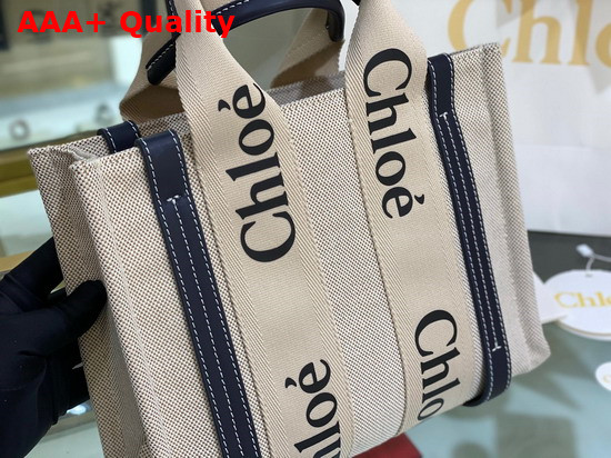 Chloe Small Woody Tote Bag in Cotton Canvas and Shiny Calfskin with Woody Ribbon White and Full Blue Replica