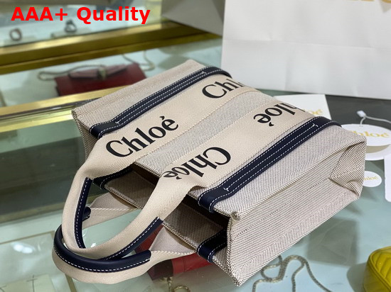 Chloe Small Woody Tote Bag in Cotton Canvas and Shiny Calfskin with Woody Ribbon White and Full Blue Replica