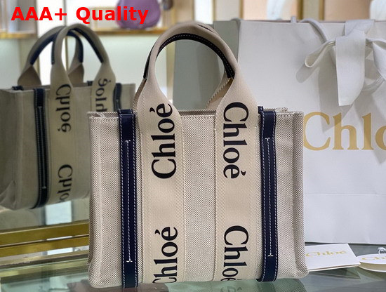 Chloe Small Woody Tote Bag in Cotton Canvas and Shiny Calfskin with Woody Ribbon White and Full Blue Replica