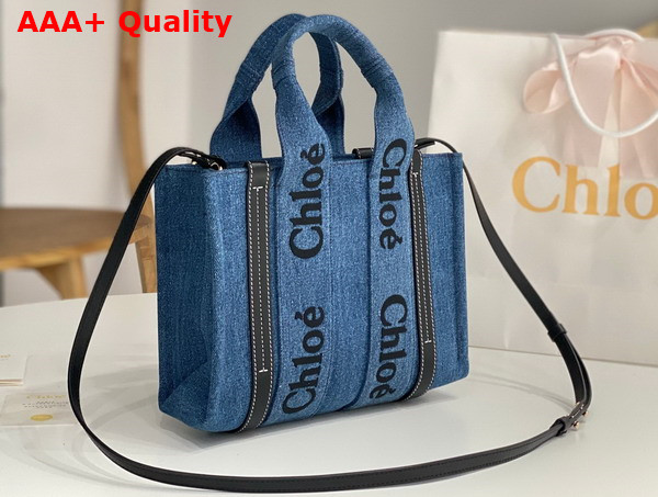 Chloe Small Woody Tote Bag in Deadstock Denim and Shiny Calfskin with Embroidered Chloe Logo Replica