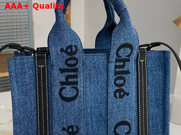 Chloe Small Woody Tote Bag in Deadstock Denim and Shiny Calfskin with Embroidered Chloe Logo Replica