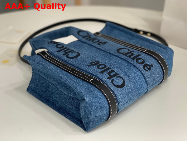 Chloe Small Woody Tote Bag in Deadstock Denim and Shiny Calfskin with Embroidered Chloe Logo Replica