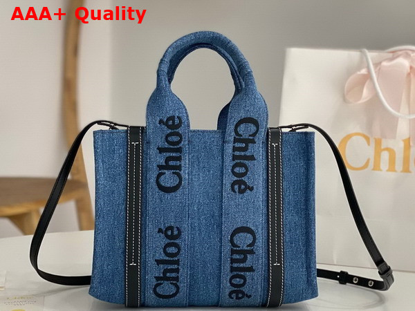 Chloe Small Woody Tote Bag in Deadstock Denim and Shiny Calfskin with Embroidered Chloe Logo Replica