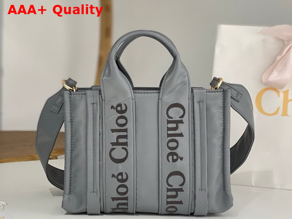 Chloe Small Woody Tote Bag in Elephant Grey Recycled Nylon with Chloe Logo Replica