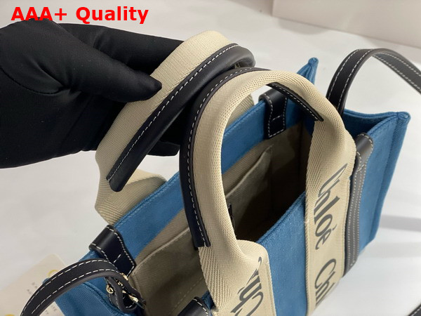 Chloe Small Woody Tote Bag in Light Blue Denim and Black Shiny Calfskin with Woody Ribbon Replica