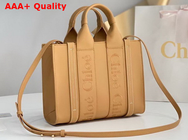 Chloe Small Woody Tote Bag in Light Tan Smooth Calfskin with Chloe Logo Replica