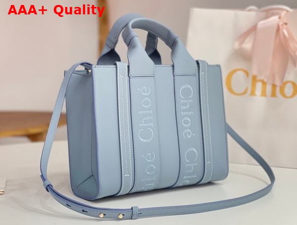 Chloe Small Woody Tote Bag in Storm Blue Smooth Calfskin with Chloe Logo Replica