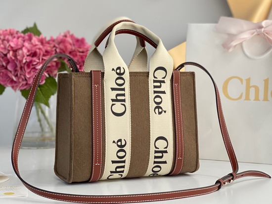 Chloe Small Woody Tote Bag with Strap Recycled Felt and Shiny Calfskin with Woody Ribbon Light Brown Replica