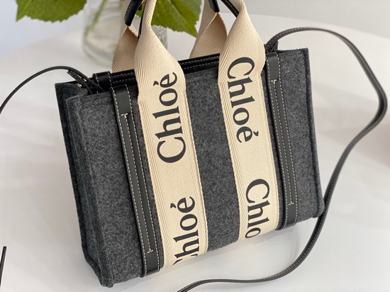 Chloe Small Woody Tote Bag with Strap in Recycled Felt and Shiny Calfskin with Woody Ribbon Cashmere Grey Replica