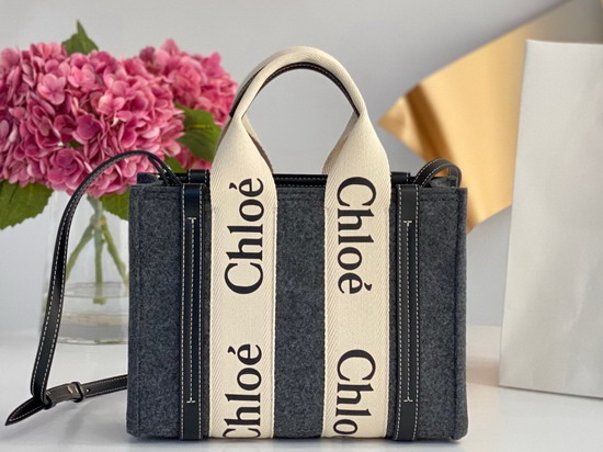 Chloe Small Woody Tote Bag with Strap in Recycled Felt and Shiny Calfskin with Woody Ribbon Cashmere Grey Replica