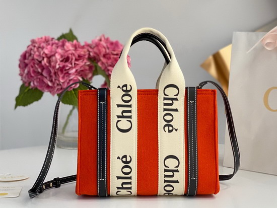 Chloe Small Woody Tote Bag with Strap in Recycled Felt and Shiny Calfskin with Woody Ribbon Flame Orange Replica