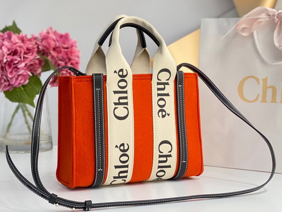 Chloe Small Woody Tote Bag with Strap in Recycled Felt and Shiny Calfskin with Woody Ribbon Flame Orange Replica