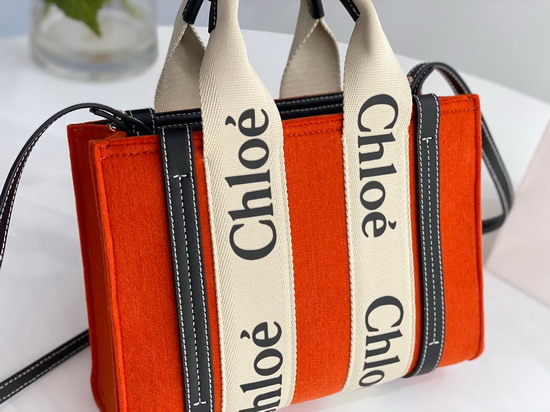 Chloe Small Woody Tote Bag with Strap in Recycled Felt and Shiny Calfskin with Woody Ribbon Flame Orange Replica