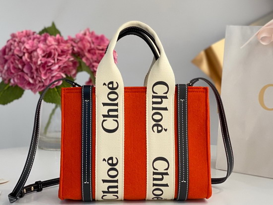 Chloe Small Woody Tote Bag with Strap in Recycled Felt and Shiny Calfskin with Woody Ribbon Flame Orange Replica