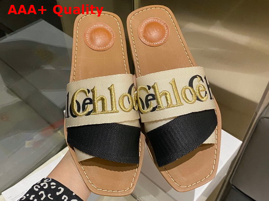 Chloe Woody Flat Mule in Canvas Beige and Black Replica