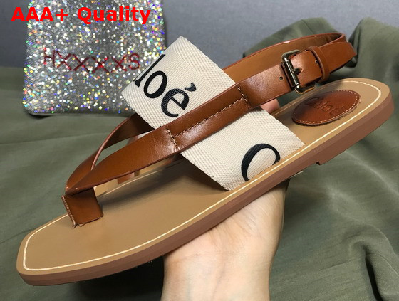 Chloe Woody Flat Sandal in Brown Calfskin and White Canvas Replica