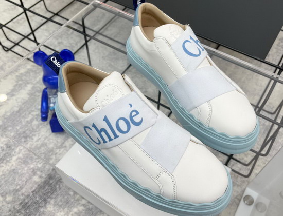 Chloe Woody Sneaker in White Calfskin with Blue Chloe Replica