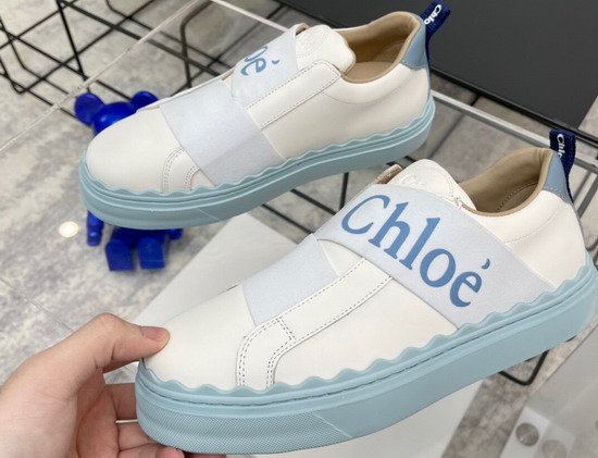 Chloe Woody Sneaker in White Calfskin with Blue Chloe Replica